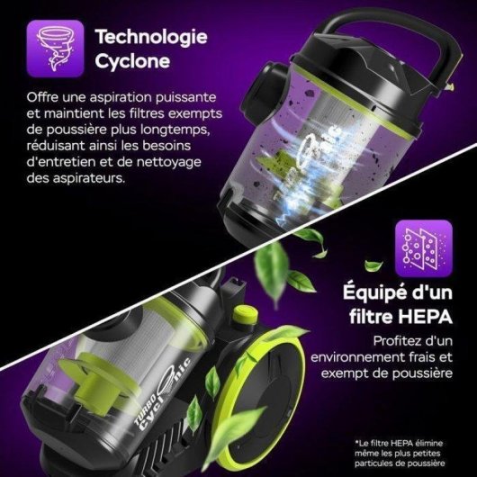 Aspirateur sans Sac Turbotronic CV07 700W 2,5L Filtre HEPA Noir Vert