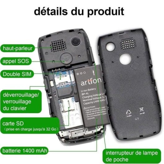 Artfone C1+ Téléphone Senior Grandes Touches SOS Bluetooth Noir