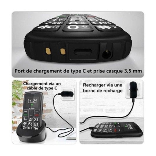 Artfone C1+ 4G 1,77" Touches Grandes Bouton SOS Noir