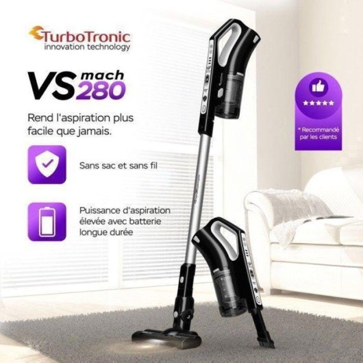 Aspirateur sans Fil Turbotronic VS280 180W 40 min Noir 2 en 1 Ciclonique