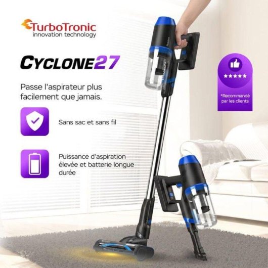 Aspirateur sans Fil Turbotronic Cyclone27 TT-C27 120W 32 min Bleu Filtres HEPA
