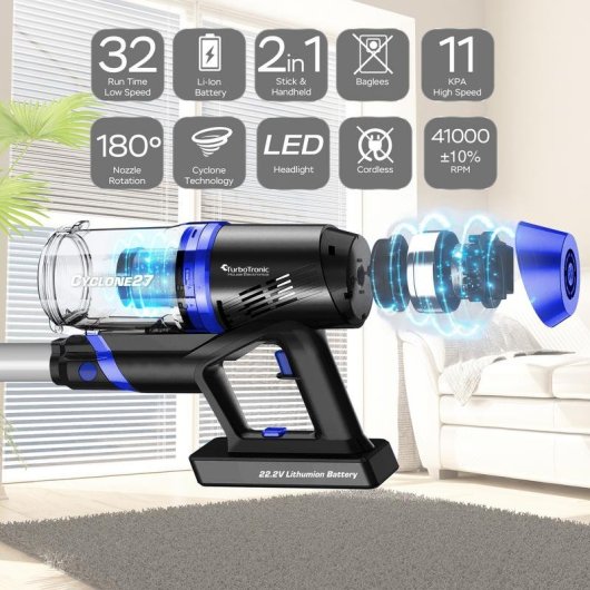 Aspirateur sans Fil Turbotronic Cyclone27 TT-C27 120W 32 min Bleu Filtres HEPA