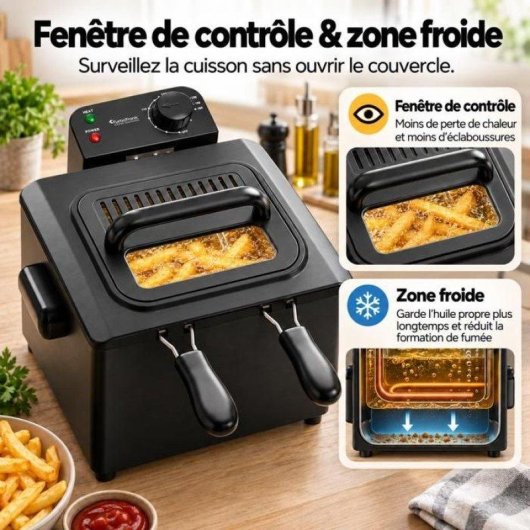 Friteuse Turbotronic DF3 Double Panier 5L 2200W Fenêtre Inox Noir