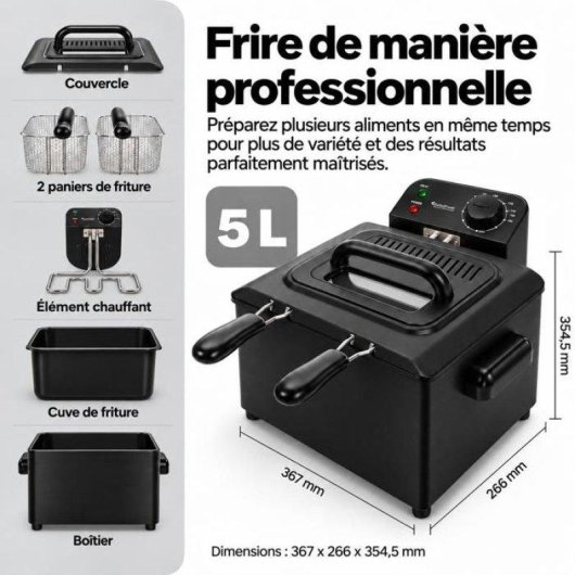 Friteuse Turbotronic DF3 Double Panier 5L 2200W Fenêtre Inox Noir