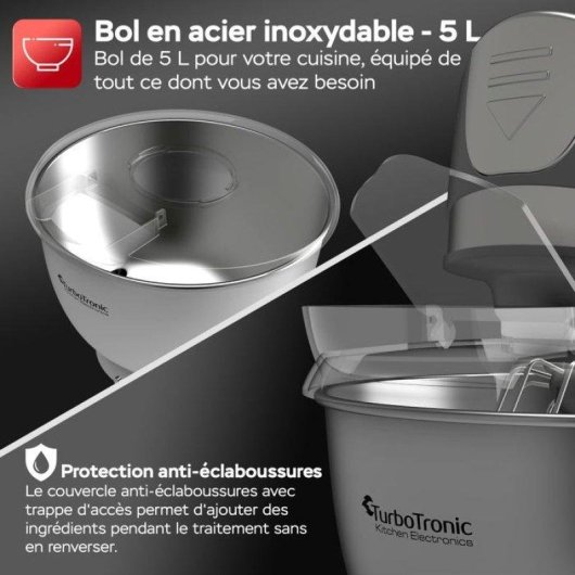 Robot de cuisine Turbotronic TT-002 Pro-Mix 2000W 5L 6 vitesses bol inox