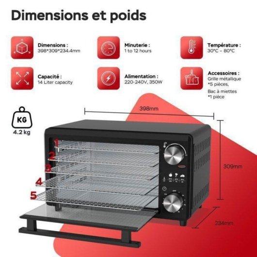 Déshydrateur TurboTronic FD14 14L 5 Plateaux Température 30-80 °C Minuterie
