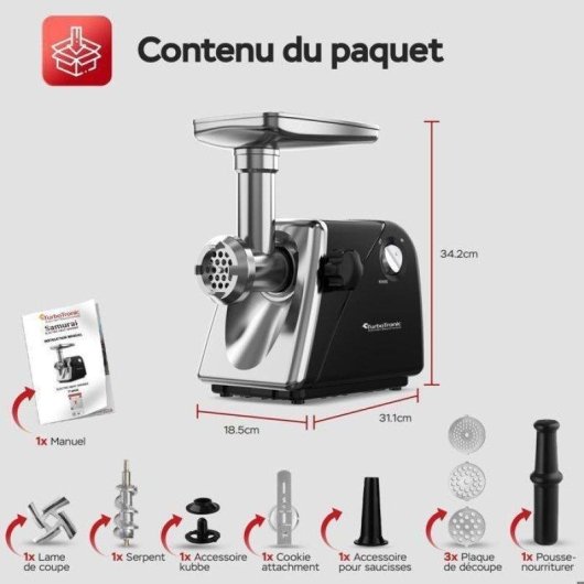 Hachoir a viande Turbotronic TT-MG20 550 W 2000 W max 3 plaques