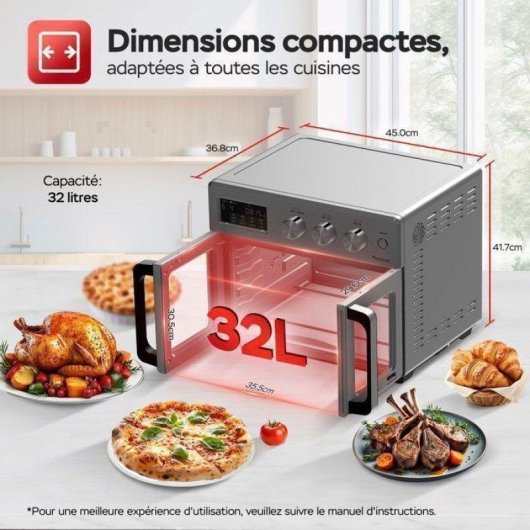 Mini Four TurboTronic AFD32 2-en-1 AirFryer 32L 1700W 12 Programmes Inox