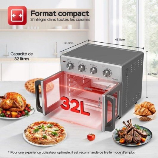 Mini Four Turbotronic AF32MFD 2-en-1 AirFryer 32L 1700W 12 Programmes Gris