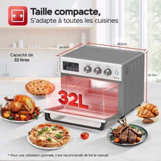 Mini Four TurboTronic AF32DRD 2-en-1 AirFryer 32L 1700W 12 Programmes Inox/Noir