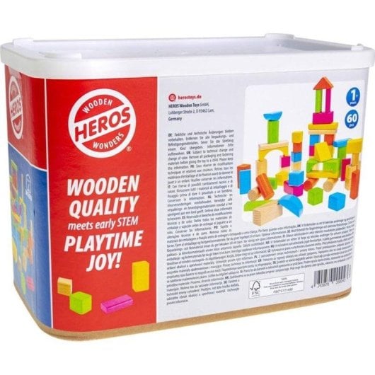 Hero Set De Blocos De Construção Em Madeira Heros 60 Peças FSC Naturais E Cores
