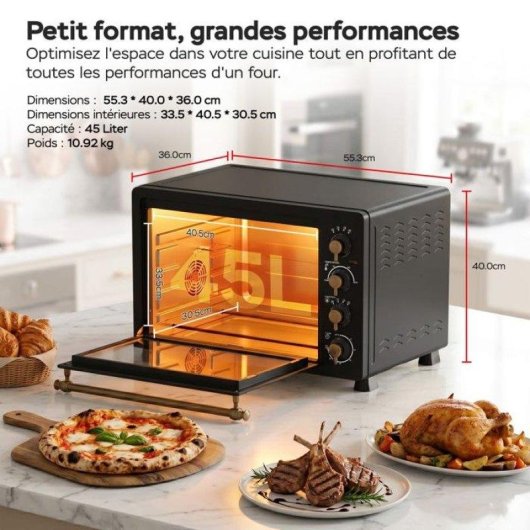 Mini Four Turbotronic TT-R45 45L 2000W Convection Gril Rôtissoire Noir