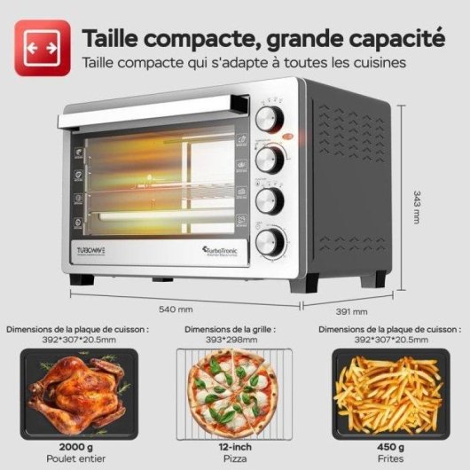 Mini Four TurboTronic TT-EVS38 Convection Asador 38L 230°C 4 Programmes Gris