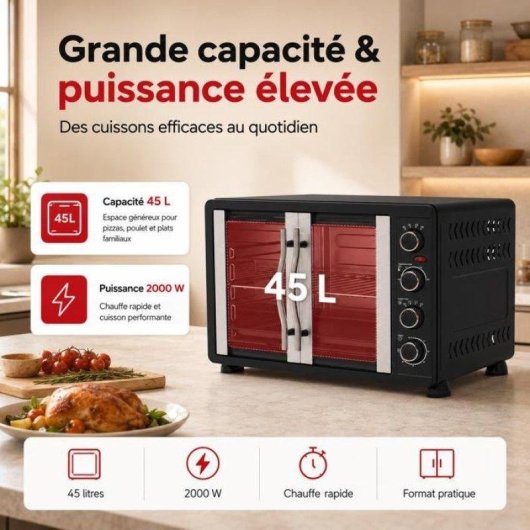 Mini Four Turbotronic FEO45 TurboWave 45L 2000W 230°C Portes Françaises Noir