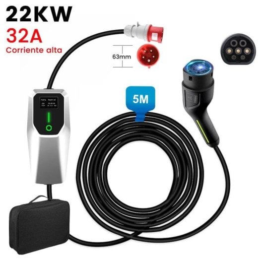 Chargeur portable JUNSUN 22kW 6-32A triphasé Type 2 câble 6m IP67