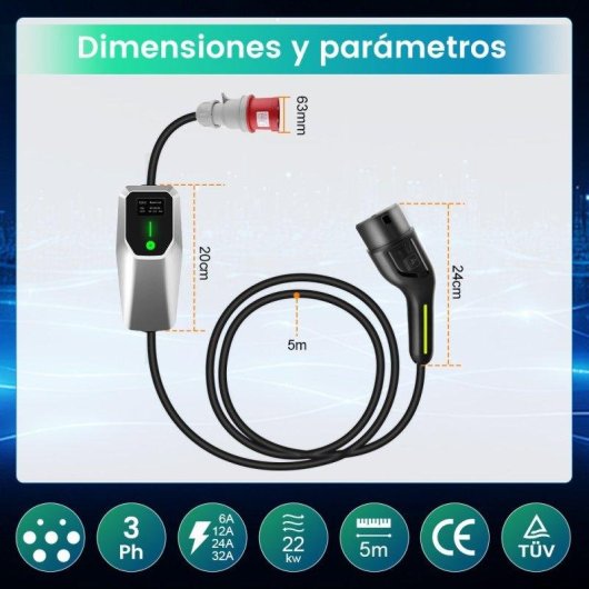 Chargeur portable JUNSUN 22kW 6-32A triphasé Type 2 câble 6m IP67