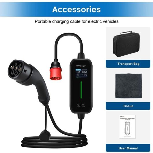 Chargeur EV portable JUNSUN 11kW 6-16A Type 2 câble 6m trifilaire