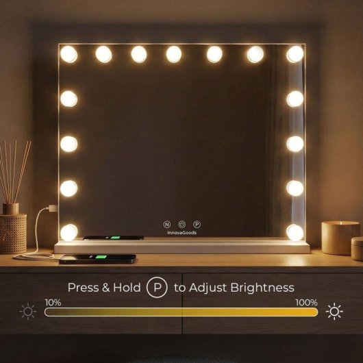 Specchio Trucco InnovaGoods Hollywood 15 LED 3 Toni Luce 10X