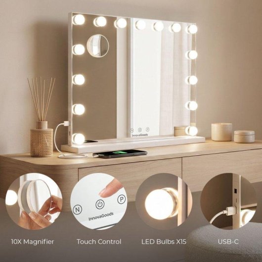 Specchio Trucco InnovaGoods Hollywood 15 LED 3 Toni Luce 10X