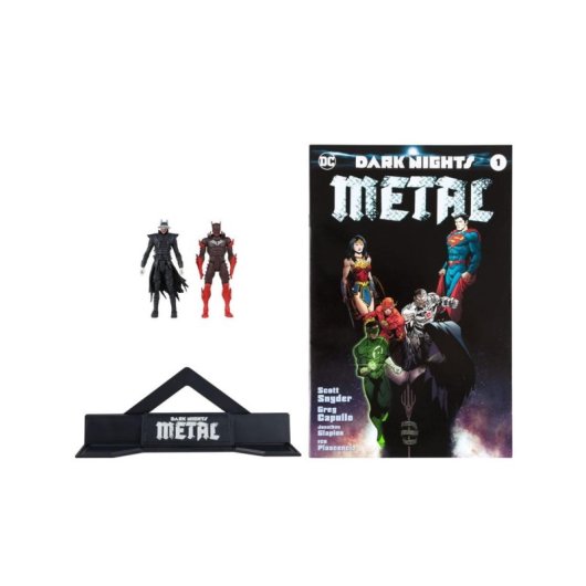 Figuras Batman Who Laughs + Batman Rojo + Cómic + Display Dark Knights Metal 8 Cms