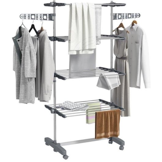 Tendedero Vertical Plegable Homcom 4 Niveles 6 Ruedas Gris y Plata