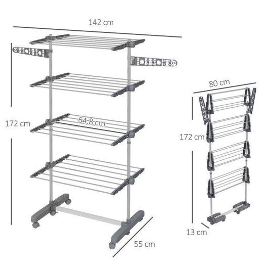 Tendedero Vertical Plegable Homcom 4 Niveles 6 Ruedas Gris y Plata