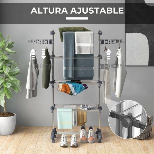 Tendedero Vertical Plegable Homcom 4 Niveles 6 Ruedas Gris y Plata