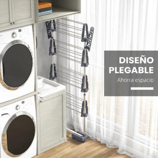 Tendedero Vertical Plegable Homcom 4 Niveles 6 Ruedas Gris y Plata