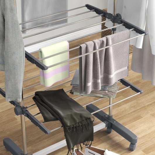 Tendedero Vertical Plegable Homcom 4 Niveles 6 Ruedas Gris y Plata