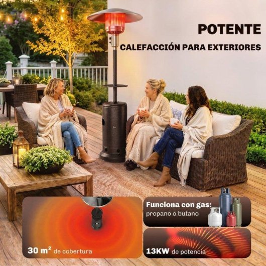 Estufa de Exterior a Gás Outsunny 13 kW com Mesa Integrada Castanha