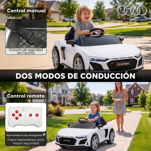 Coche eléctrico infantil Aiyaplay Audi R8 Spyder 12 V blanco con mando