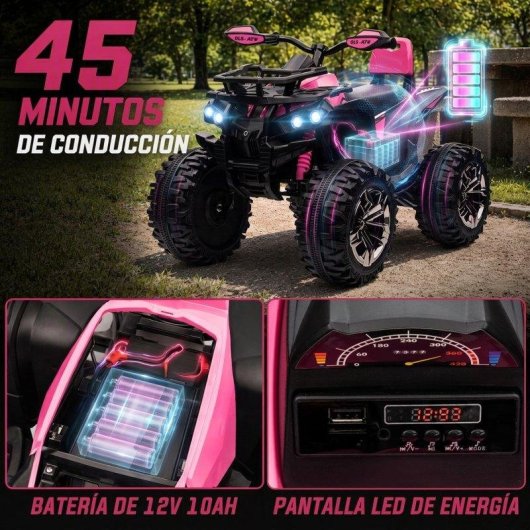 Quad Eléctrico para Niños Homcom 12V con 2 Motores 3-8 km/h Rosa