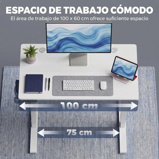 Mesa altura regulavel eletrica Homcom 100x60 cm 3 memorias Branco