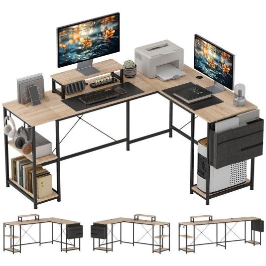 Escritorio Esquinero Reversible HOMCOM Configurable 168-240 cm Acero y Madera Natural