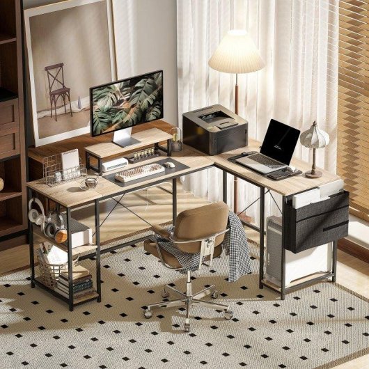 Escritorio Esquinero Reversible HOMCOM Configurable 168-240 cm Acero y Madera Natural