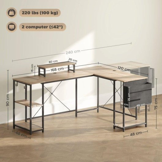 Escritorio Esquinero Reversible HOMCOM Configurable 168-240 cm Acero y Madera Natural