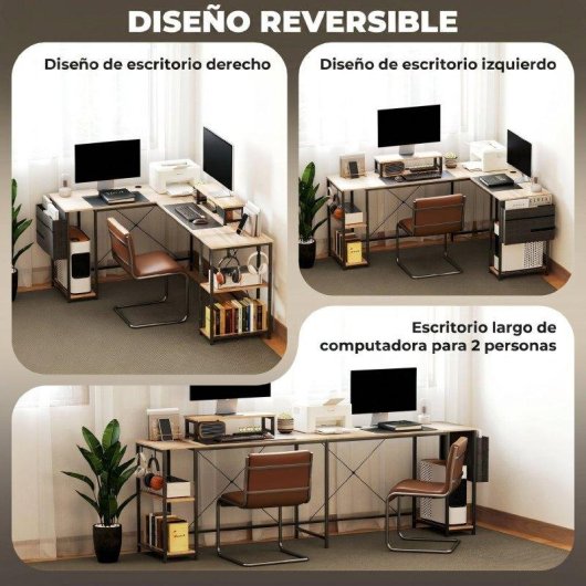 Escritorio Esquinero Reversible HOMCOM Configurable 168-240 cm Acero y Madera Natural