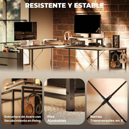 Escritorio Esquinero Reversible HOMCOM Configurable 168-240 cm Acero y Madera Natural