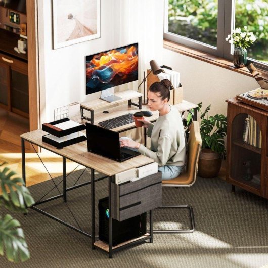 Escritorio Esquinero Reversible HOMCOM Configurable 168-240 cm Acero y Madera Natural