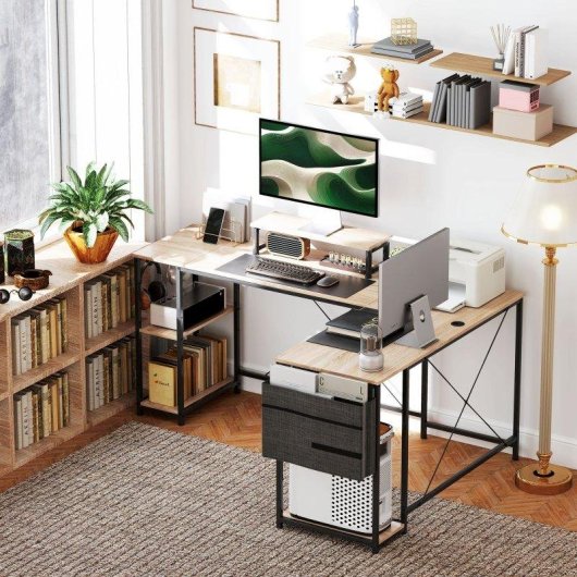 Escritorio Esquinero Reversible HOMCOM Configurable 168-240 cm Acero y Madera Natural