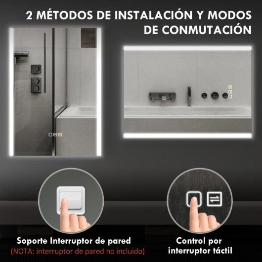 Espelho de banho LED Homcom 70x50 cm antivoo 3 cores