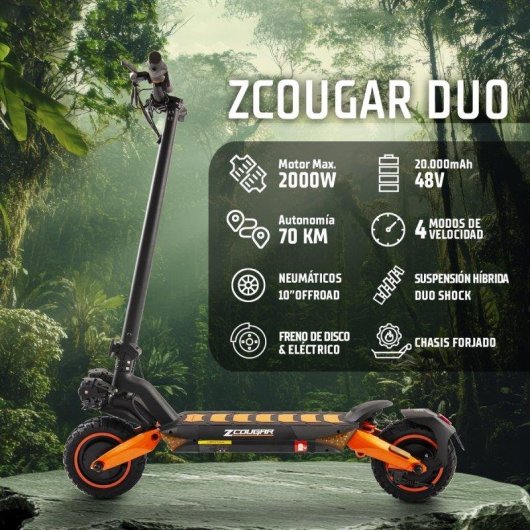 Patinete eléctrico Zwheel ZCougar Duo T 1000W 70km 10" tubeless Negro