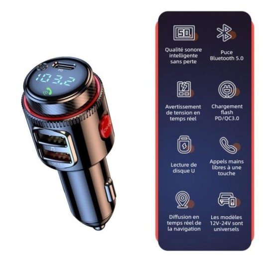 Transmetteur FM Bluetooth 5.0 Charge Rapide 48W QC3.0 PD 3 Ports Écran LED Noir