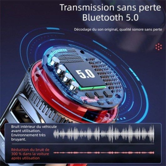 Transmetteur FM Bluetooth 5.0 Charge Rapide 48W QC3.0 PD 3 Ports Écran LED Noir