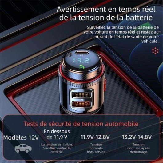 Transmetteur FM Bluetooth 5.0 Charge Rapide 48W QC3.0 PD 3 Ports Écran LED Noir