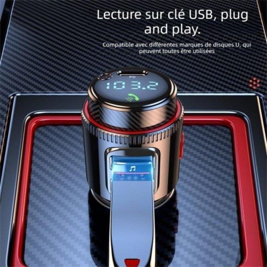 Transmetteur FM Bluetooth 5.0 Charge Rapide 48W QC3.0 PD 3 Ports Écran LED Noir