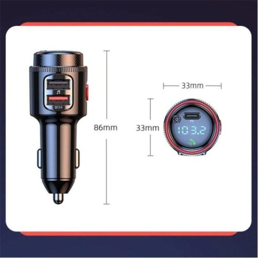 Transmetteur FM Bluetooth 5.0 Charge Rapide 48W QC3.0 PD 3 Ports Écran LED Noir