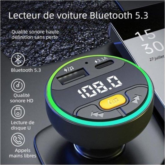 Transmetteur FM Bluetooth 5.3 Voiture Noir USB Type-C Charge Rapide 30W