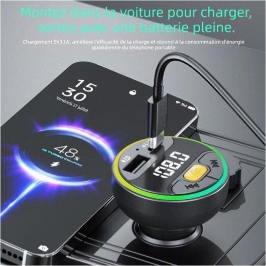 Transmetteur FM Bluetooth 5.3 Voiture Noir USB Type-C Charge Rapide 30W