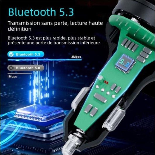 Transmetteur FM Bluetooth 5.3 Voiture Noir USB Type-C Charge Rapide 30W